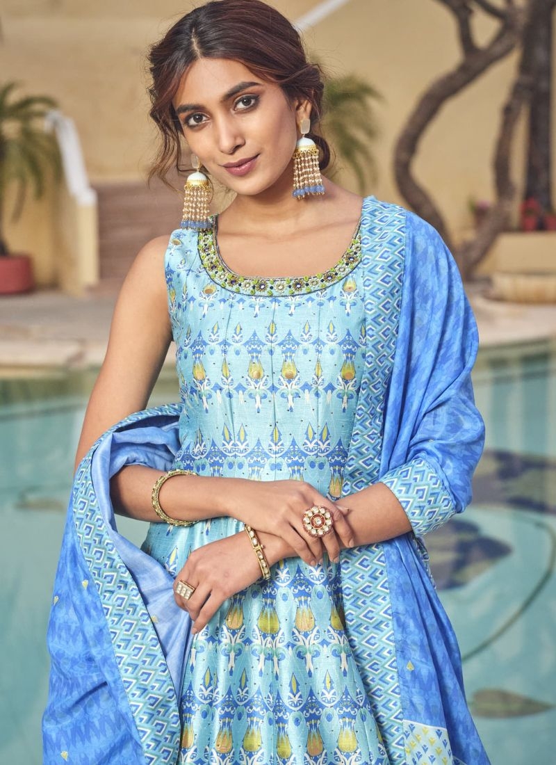 Stunning silk floral printed Anarkali suit in light blue