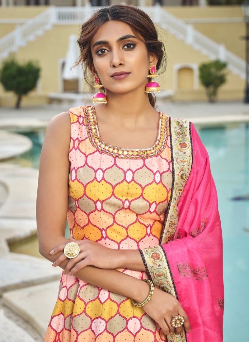 Stunning silk floral printed Anarkali suit in peach