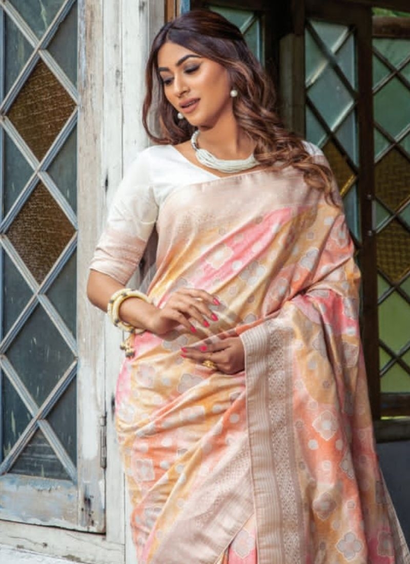 Designer digital printed silk saree in pearl white