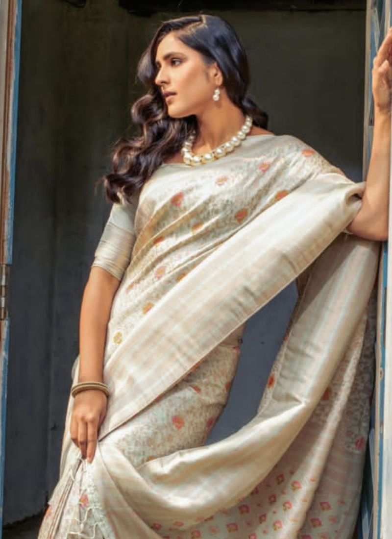 Designer digital printed silk saree in cream