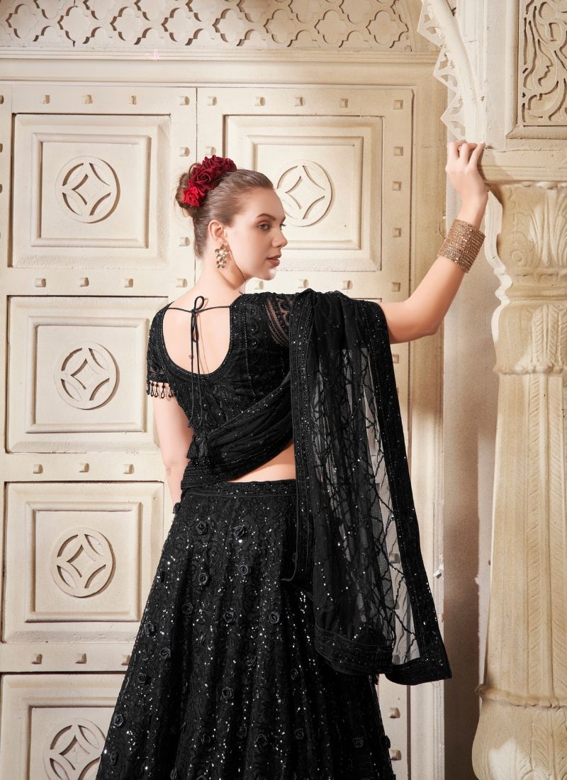 Designer zari embroidered net lehenga choli in black