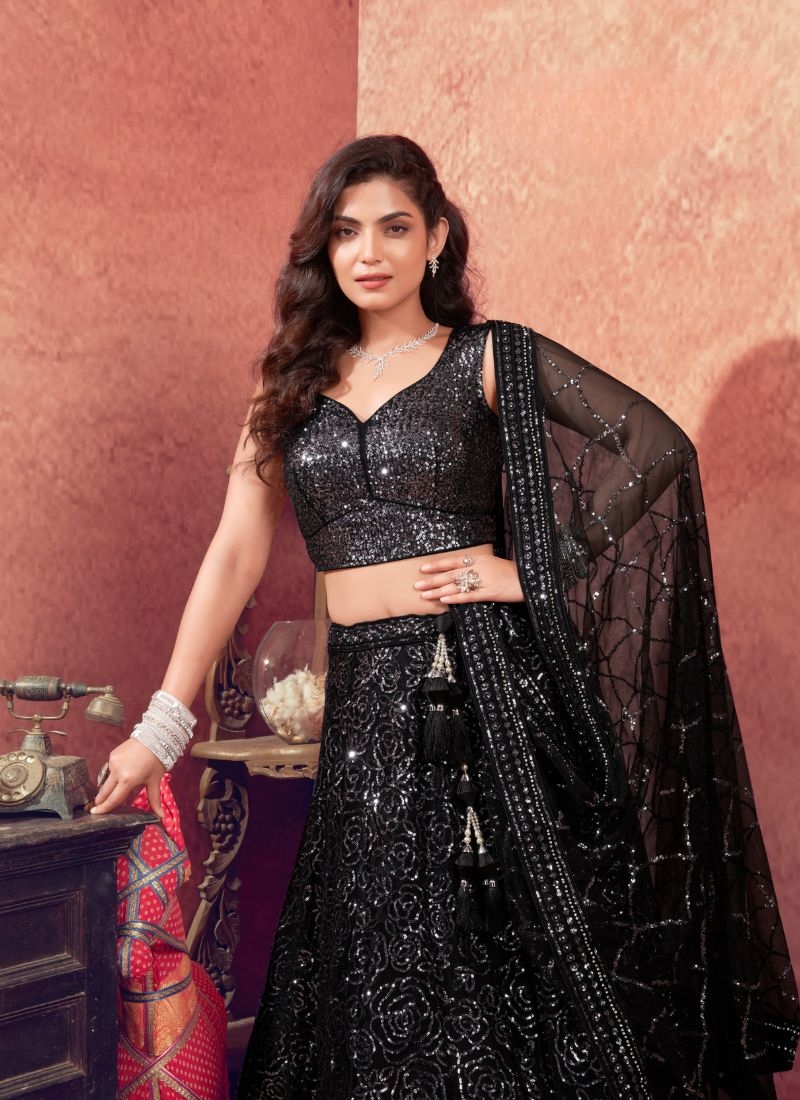 Designer embroidered net lehenga choli in black