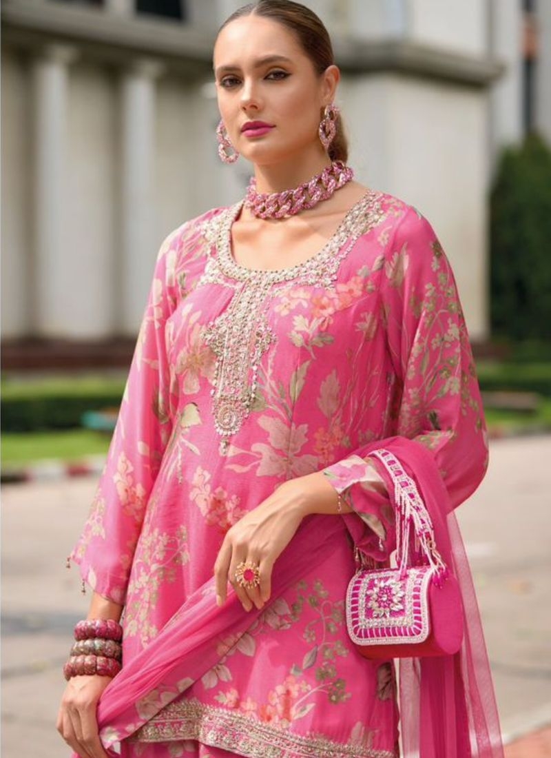 Exquisite digital printed chinon sharara suit & dupatta in pink