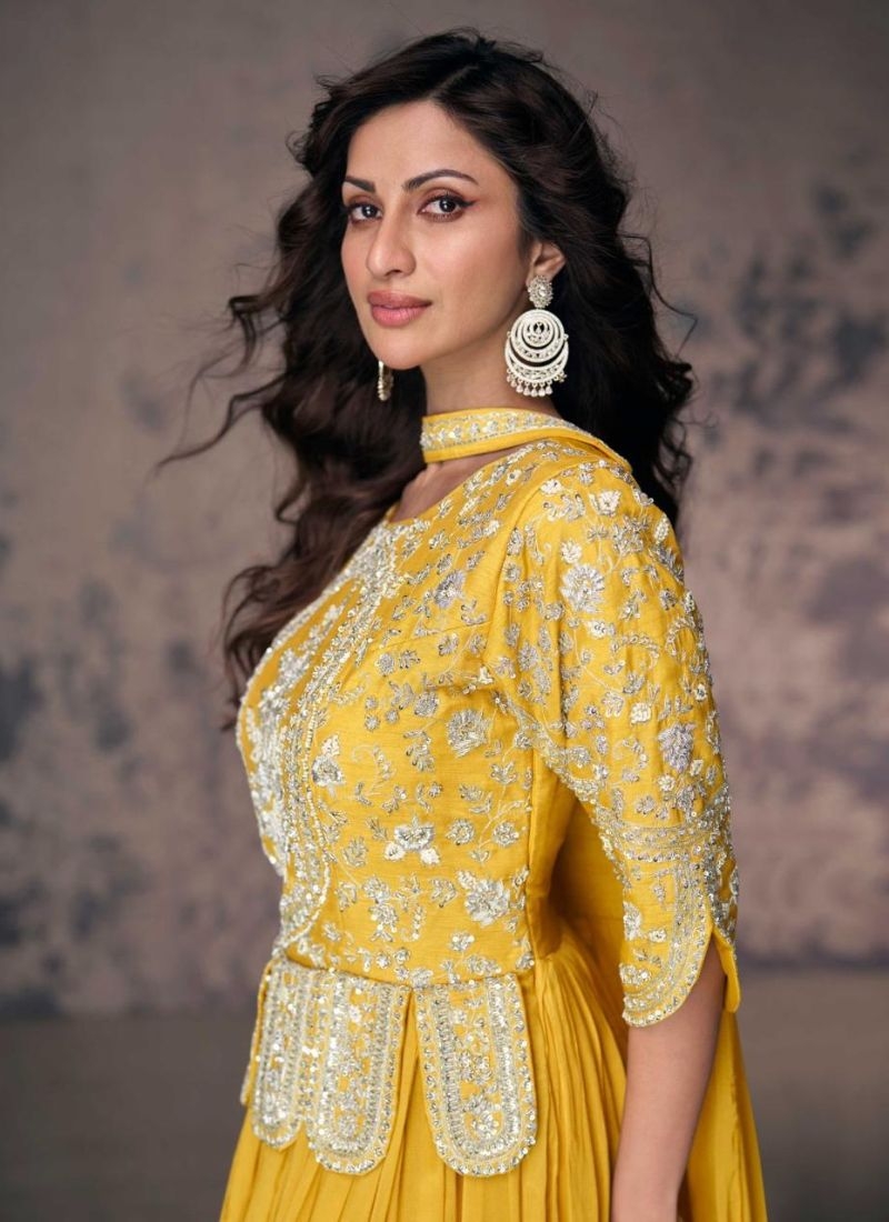 Beautiful embroidered chinon silk Anarkali suit in yellow