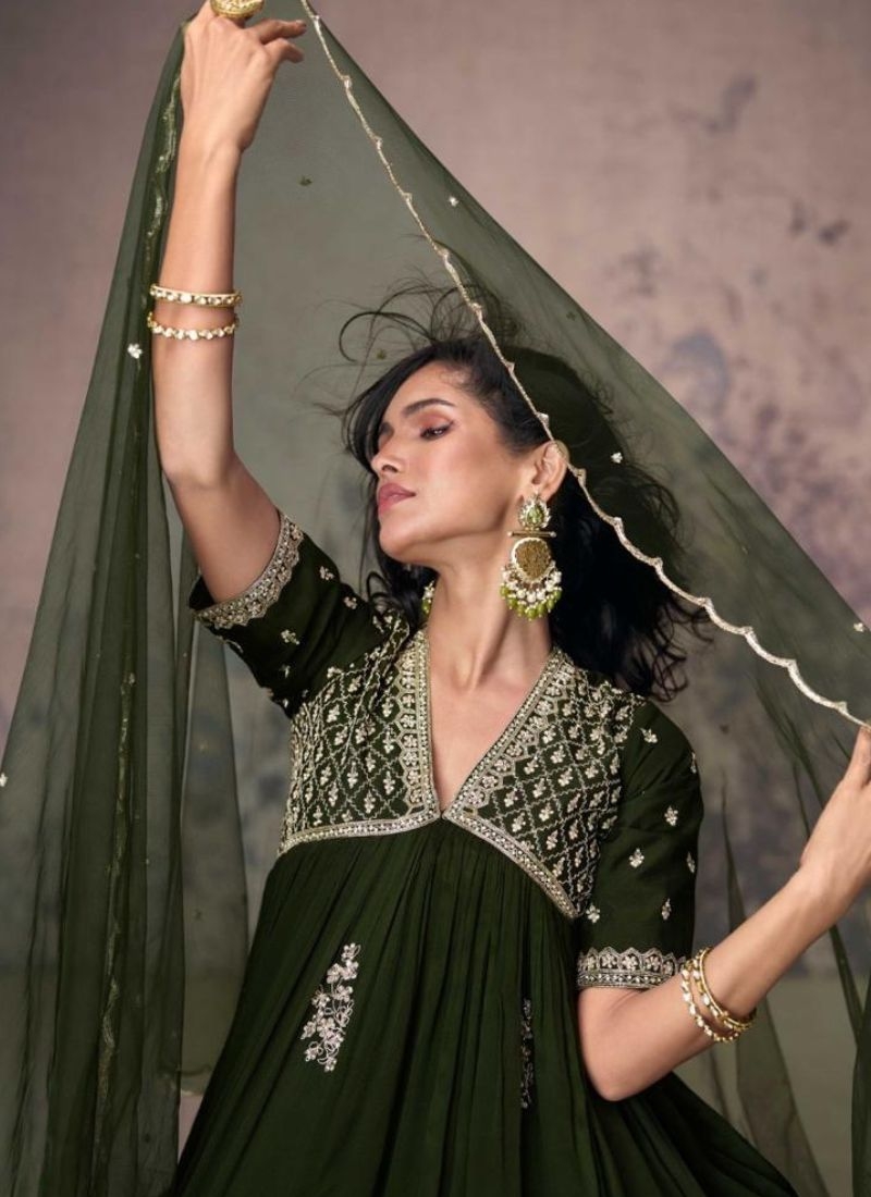 Beautiful embroidered chinon silk Anarkali suit in dark green