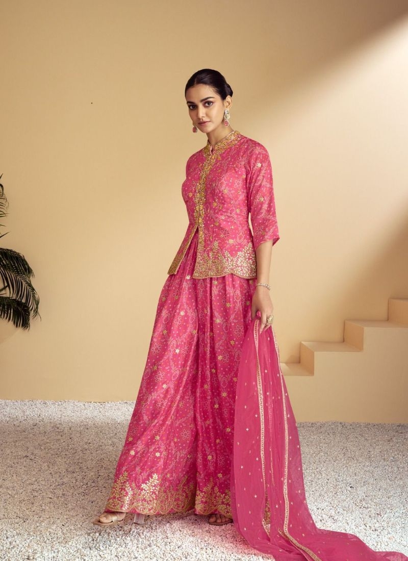 Stunning digital printed chinon sharara suit in pink