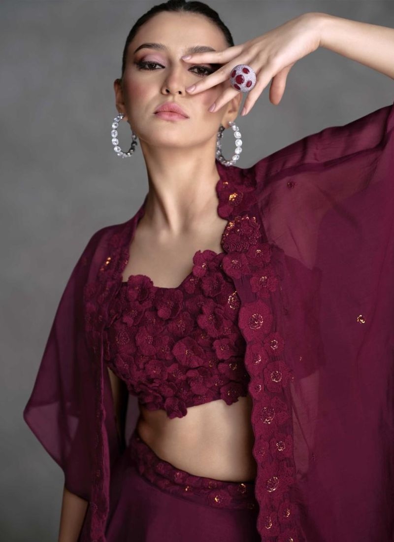 Designer mirror embroidered organza silk crop top set in wine