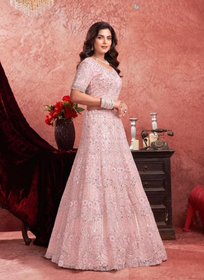 Heavy embroidered georgette lehenga choli in baby pink