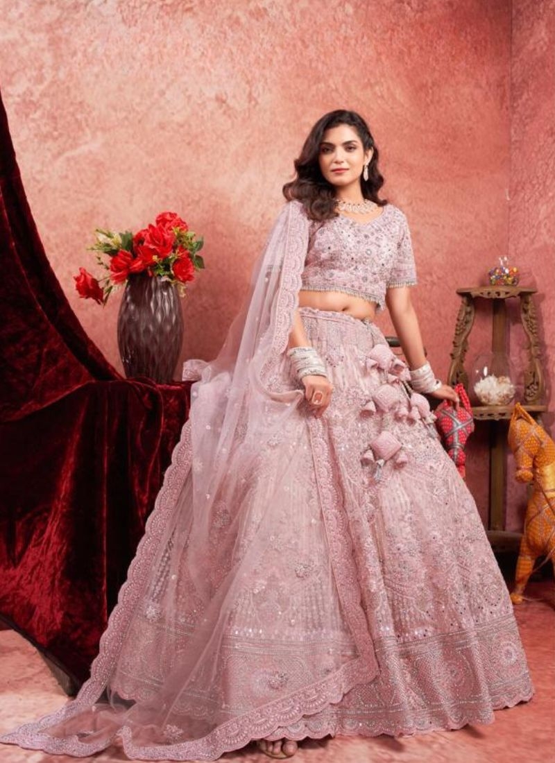 Designer heavy embroidered georgette lehenga choli in baby pink