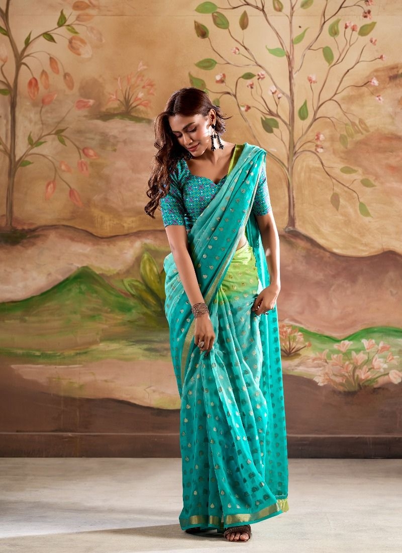 Digitally printed zari weaving georgette silk saree in green