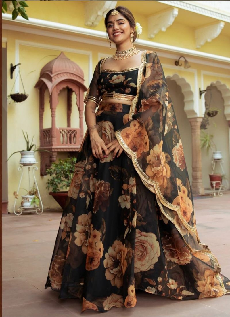 Beautifully embroidered organza silk lehenga choli in black