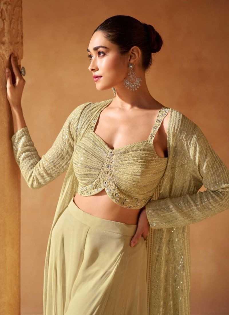 Exquisite heavy embroidered georgette crop top with long shrug in beige