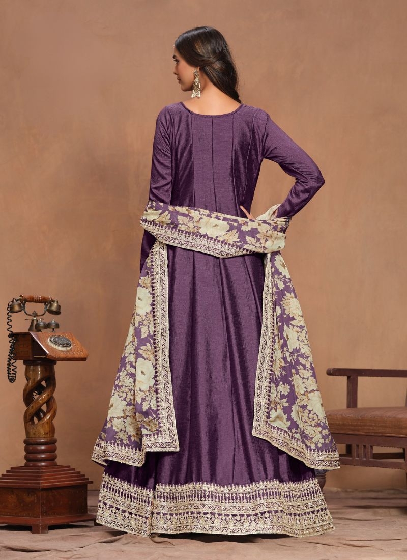 Beautiful organza printed silk Anarkali suit in purple