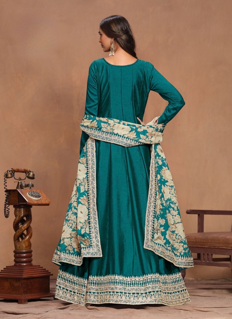 Beautiful organza printed silk Anarkali suit in green