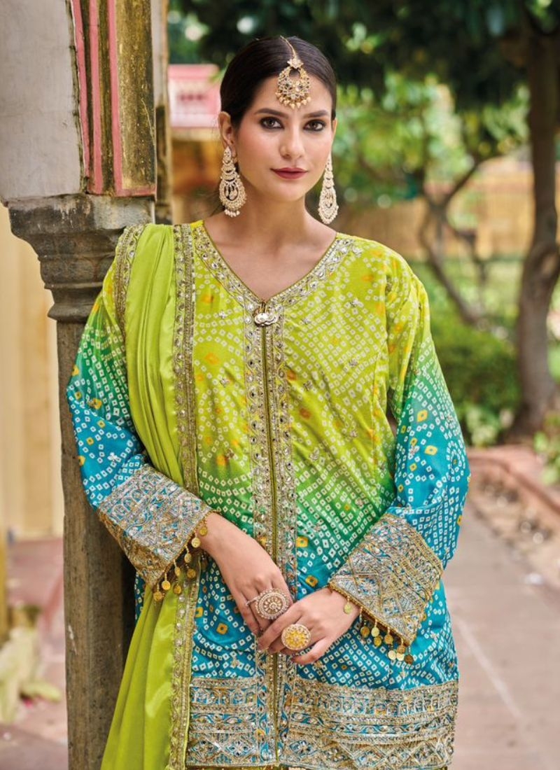 Beautifully printed chinon sharara suit in green