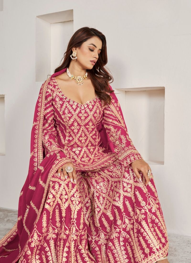 Exquisite heavy embroidered Chinon sharara suit in pink