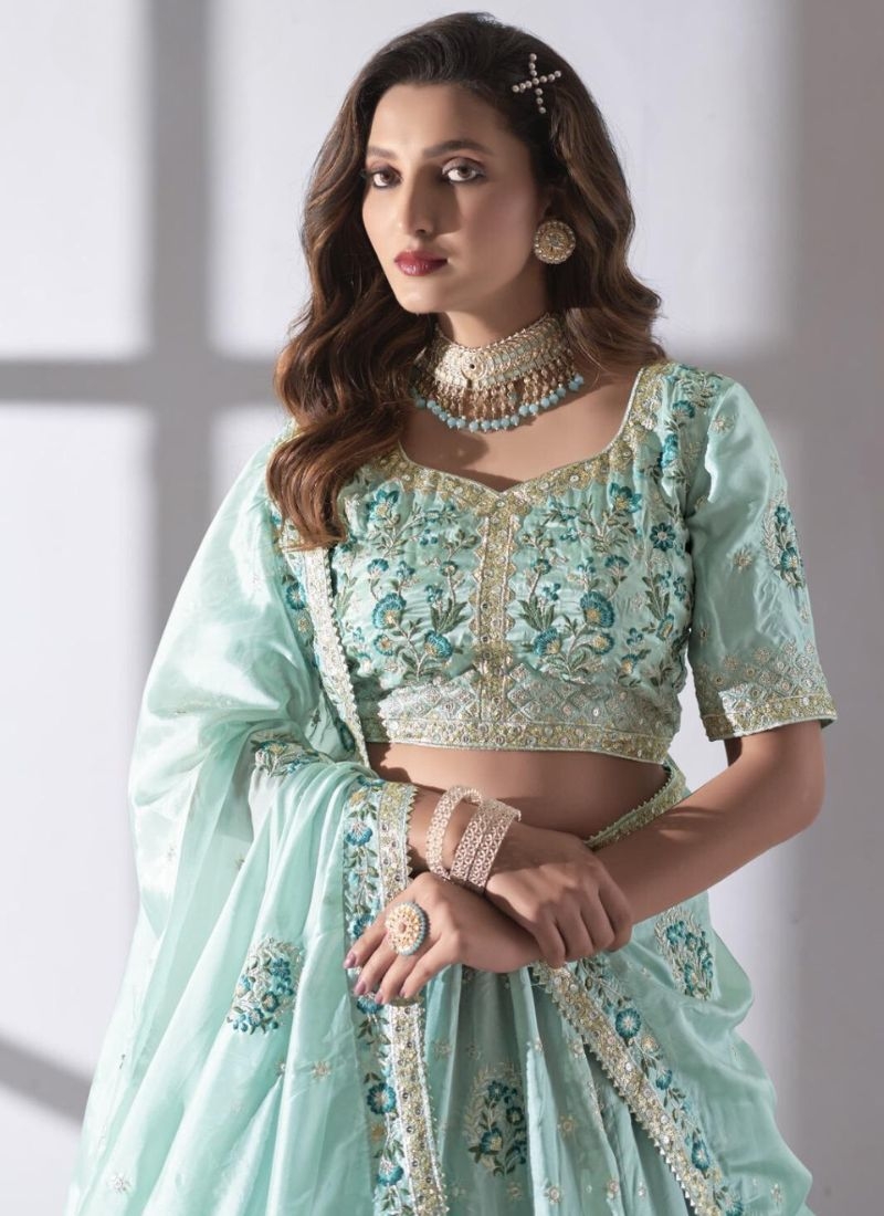 Designer heavy embroidered pure cotton lehenga choli in sky blue