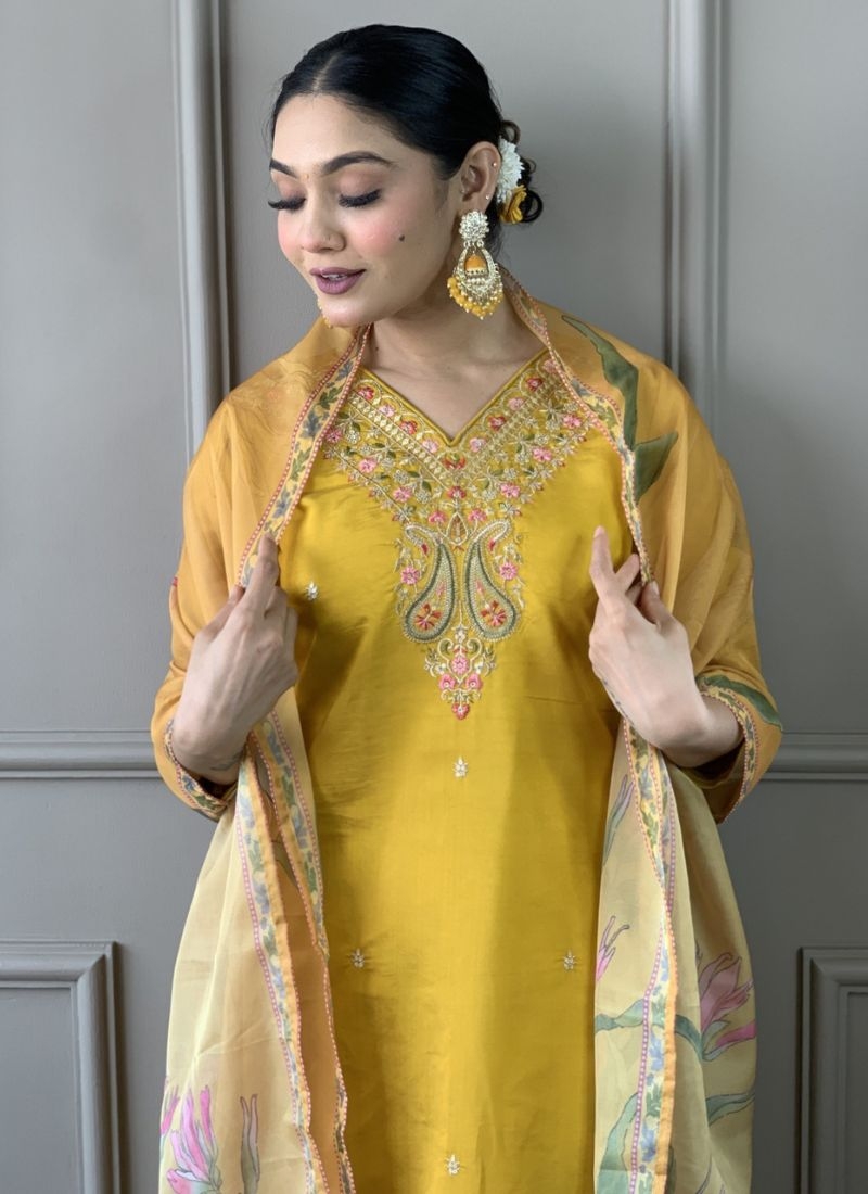 Beautiful jacquard printed Chinon kurta pant suit in mustard