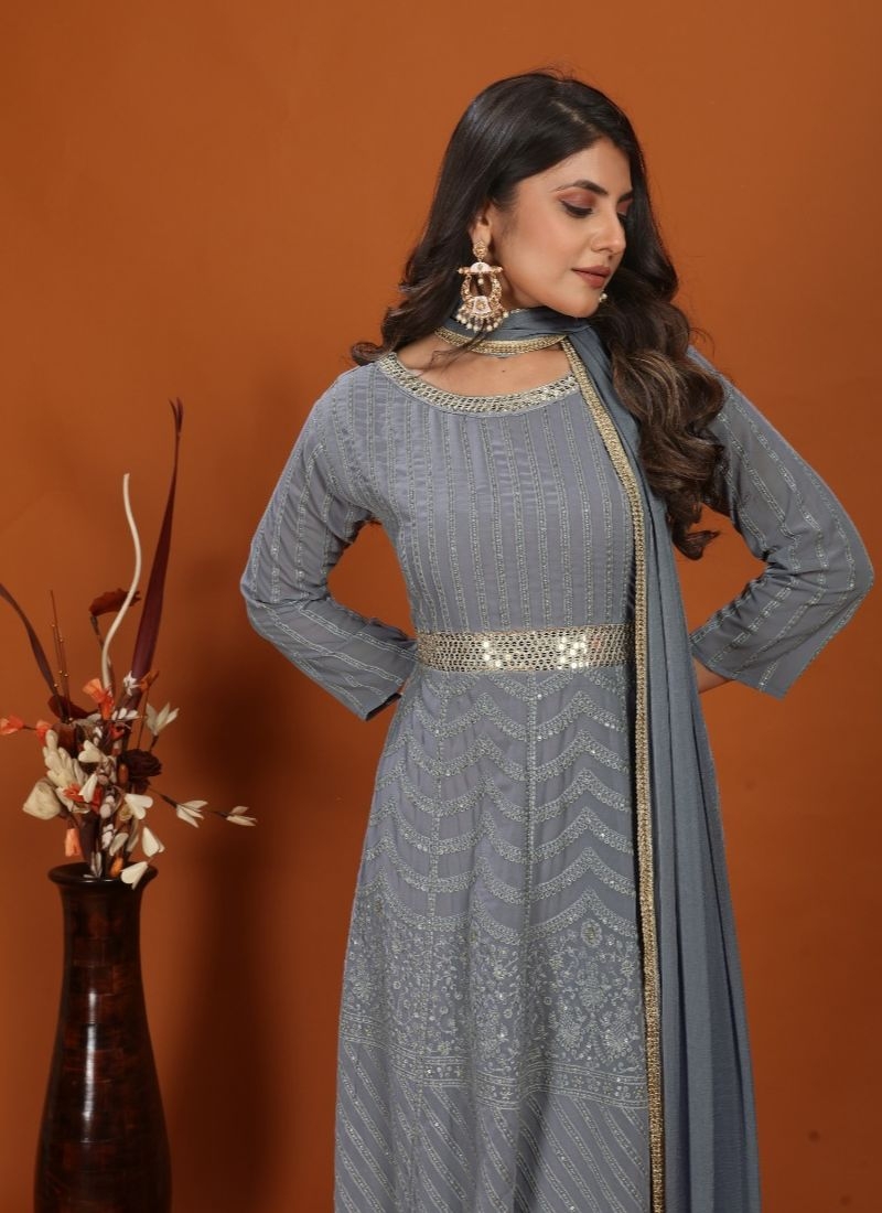 Designer heavy embroidered faux georgette anarkali suit in grey