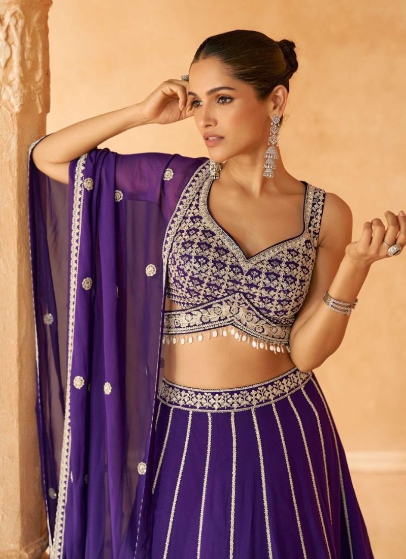 Premium exquisite embroidered georgette lehenga choli in dark purple