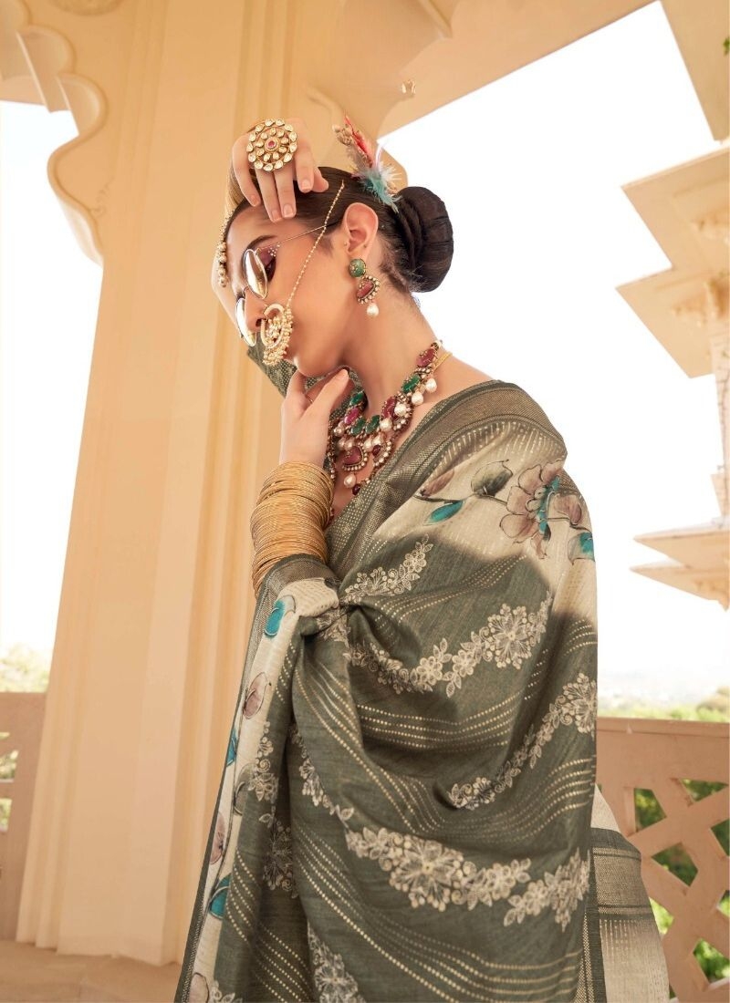 Elegant floral printed silk saree in dark green