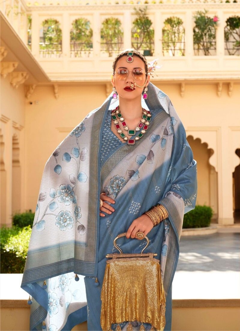 Elegant floral printed silk saree in blue