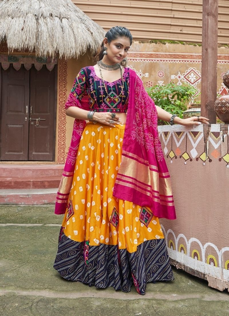 Beautiful mirror embroidered viscose rayon lehenga choli in yellow