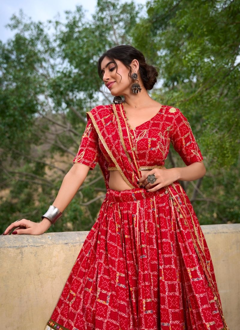 Designer gotta Patti's work rayon lehenga choli in red