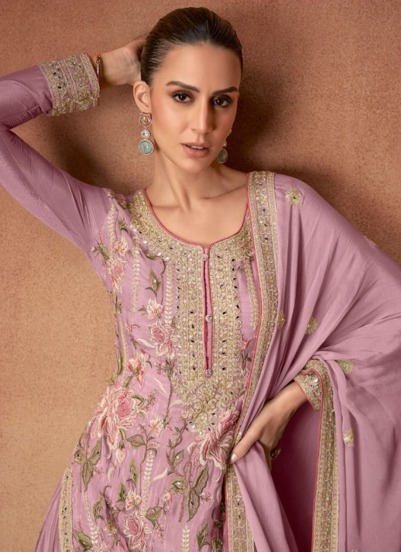 Beautiful floral embroidered pure Chinon palazzo suit in pink