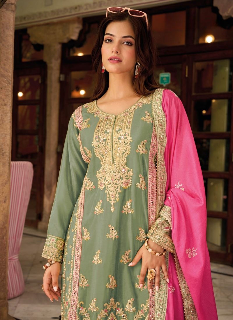 Stylish embroidered pure Chinon palazzo suit in green