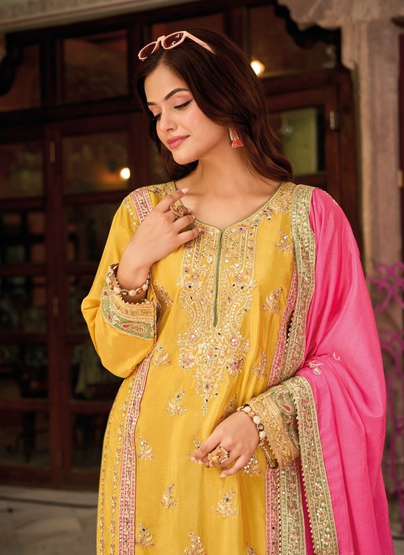 Stylish embroidered pure Chinon palazzo suit in yellow