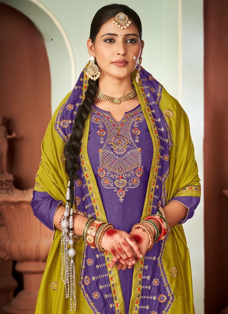 Beautifully embroidered premium Chinon kurta pant suit in purple