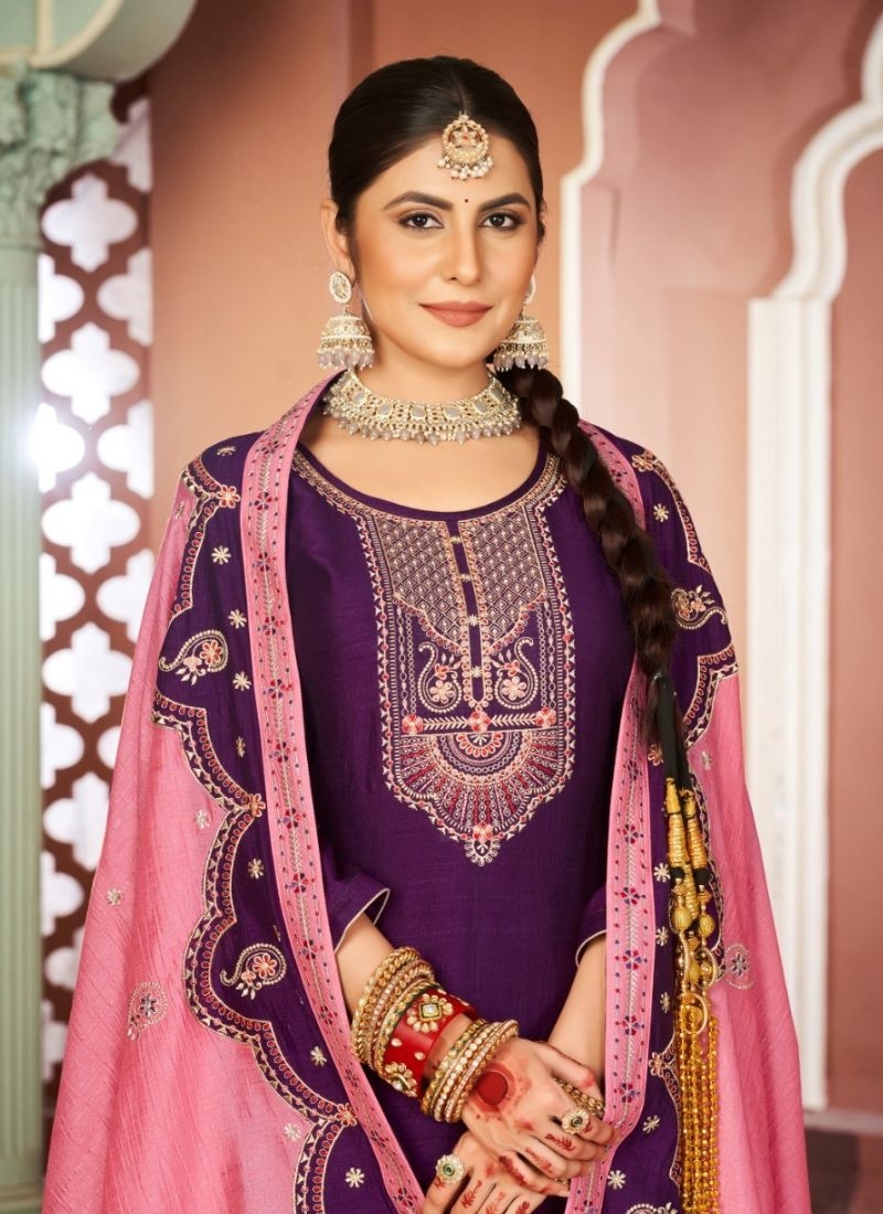 Beautifully embroidered premium Chinon kurta pant suit in dark purple