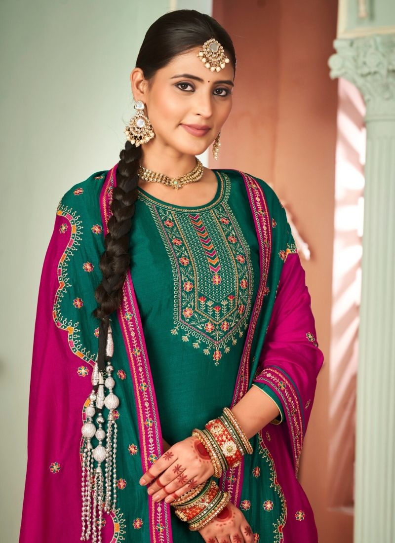 Beautifully embroidered premium Chinon kurta pant suit in green