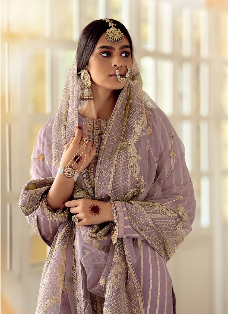 Designer patch embroidered georgette sharara suit in purple