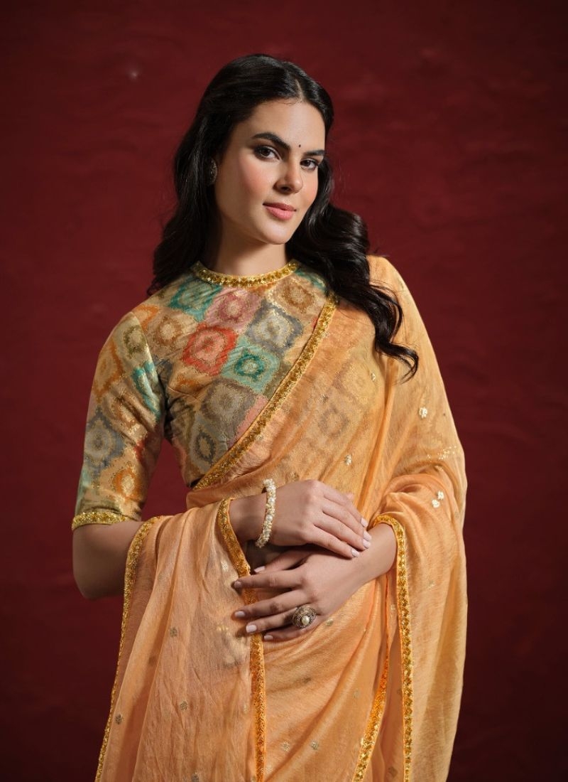 Stunning embroidered silk saree in orange