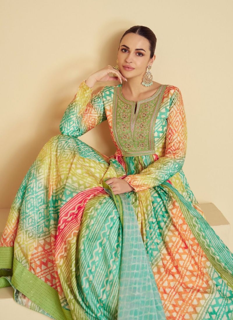 Beautiful digital printed real muslin Anarkali suit in green