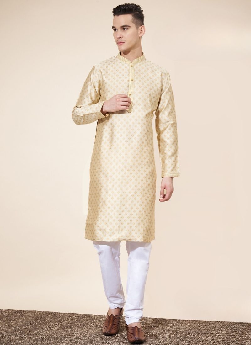 jacquard printed men's long silk kurta pajama in beige