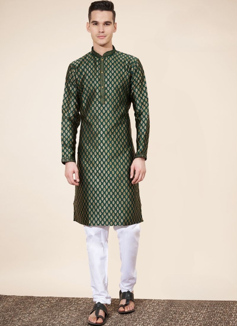 jacquard printed men's long silk kurta pajama in dark green