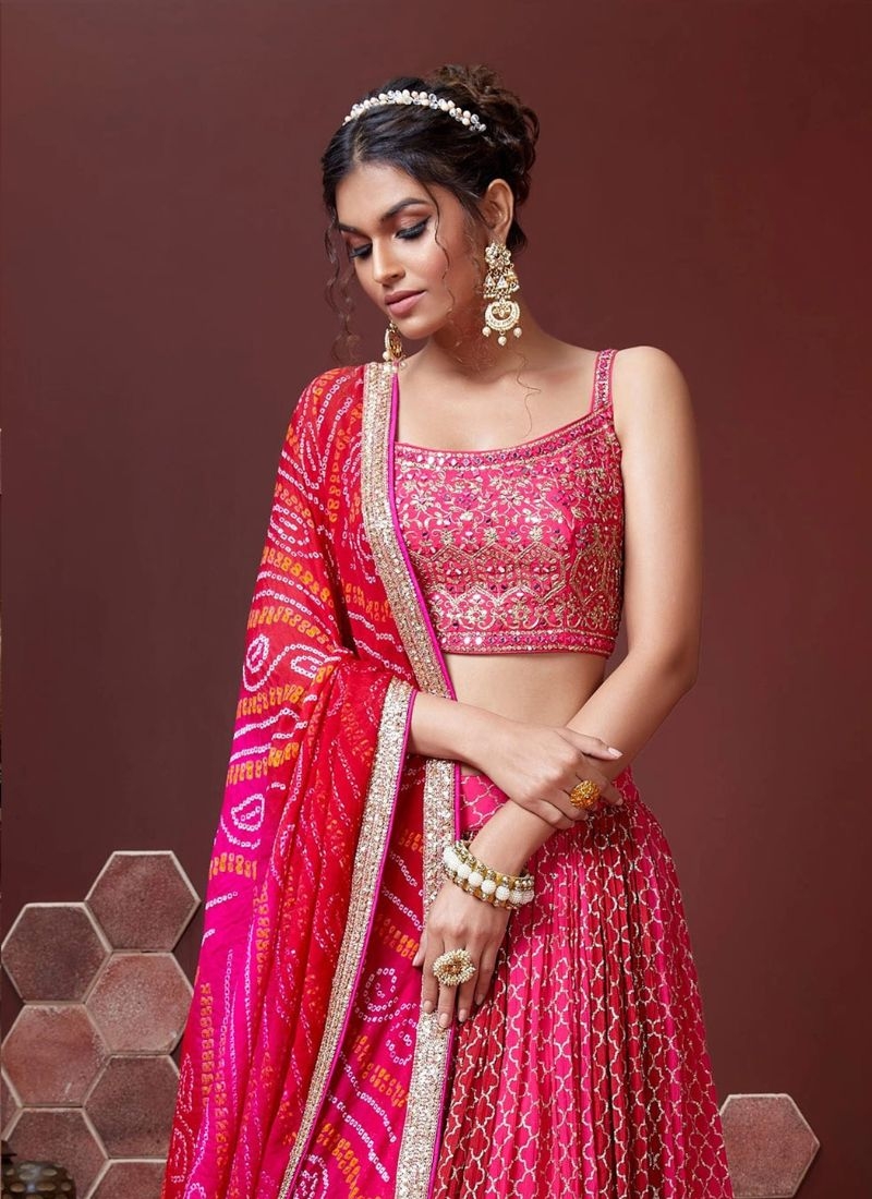 Premium designer embroidered Chinon lehenga choli in hot pink