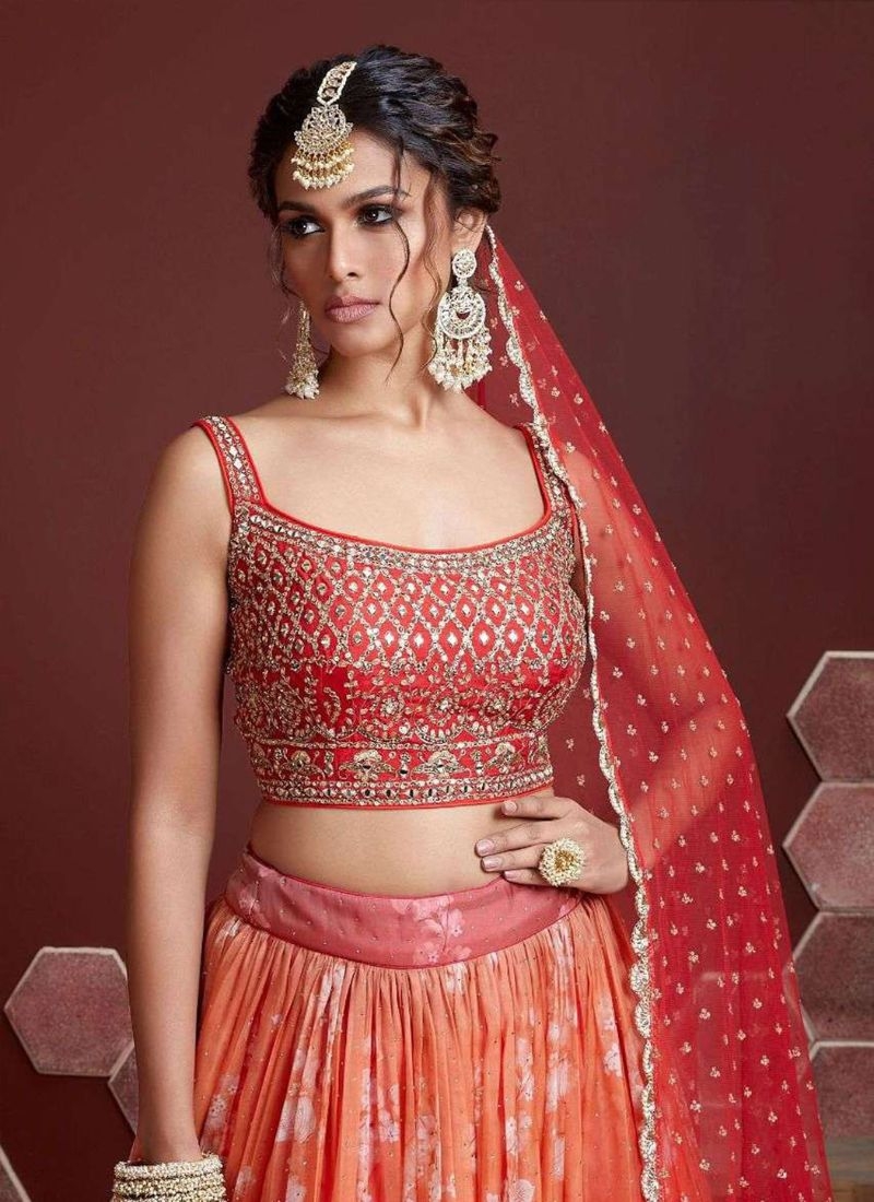 Premium designer embroidered Chinon lehenga choli in red