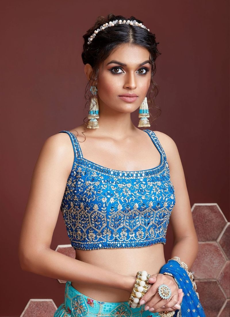 Premium designer embroidered Chinon lehenga choli in blue