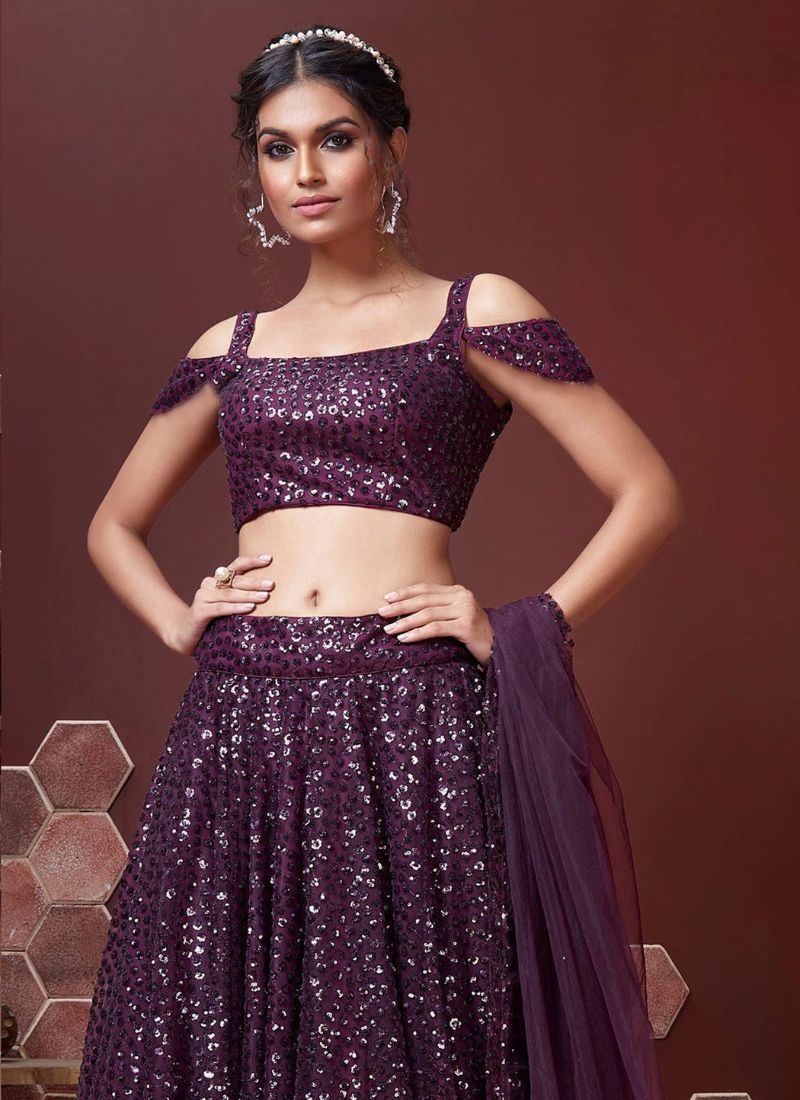 Premium designer embroidered Chinon lehenga choli in dark purple