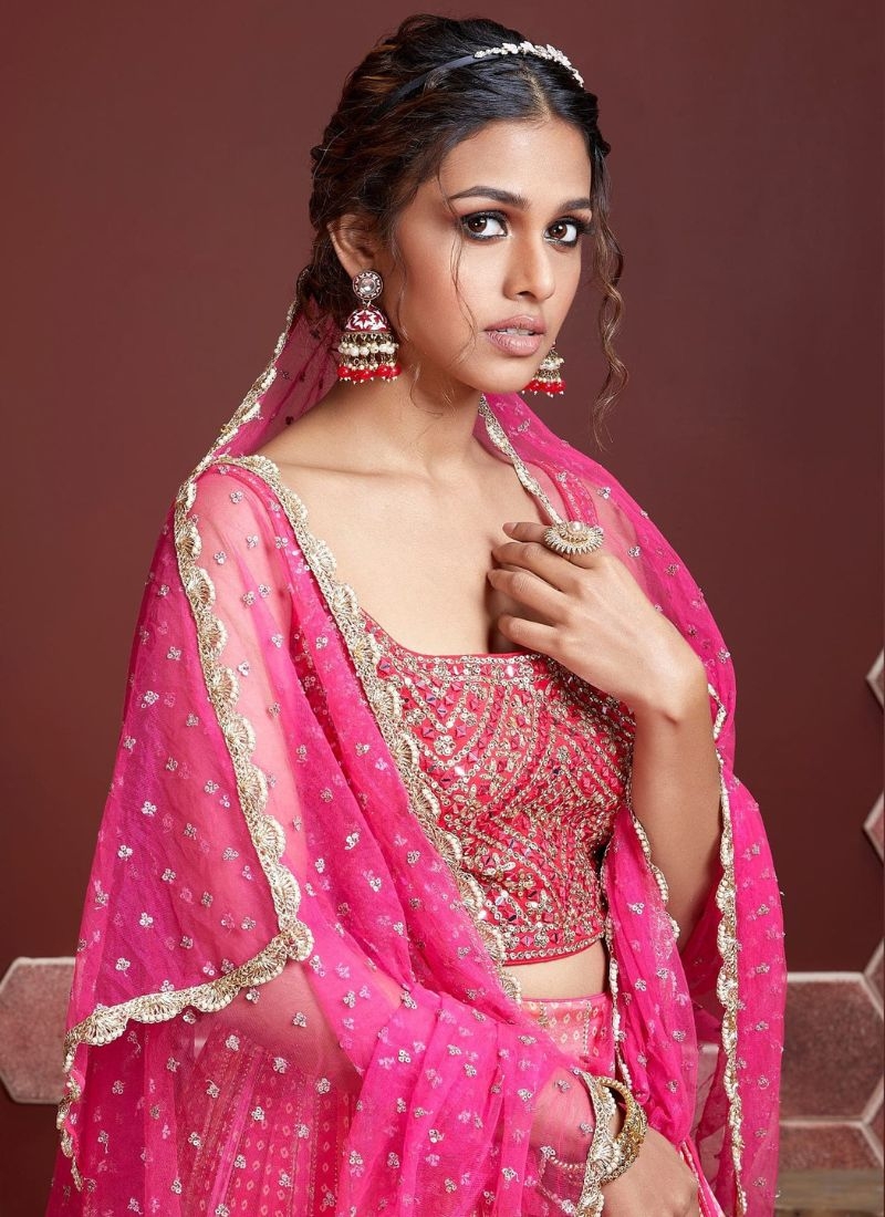 Premium designer embroidered Chinon lehenga choli in pink