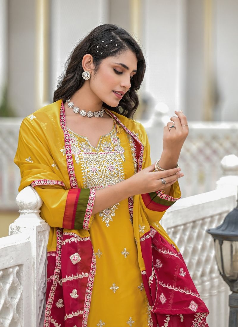 Designer mirror embroidered organza kurta pant suit in yellow