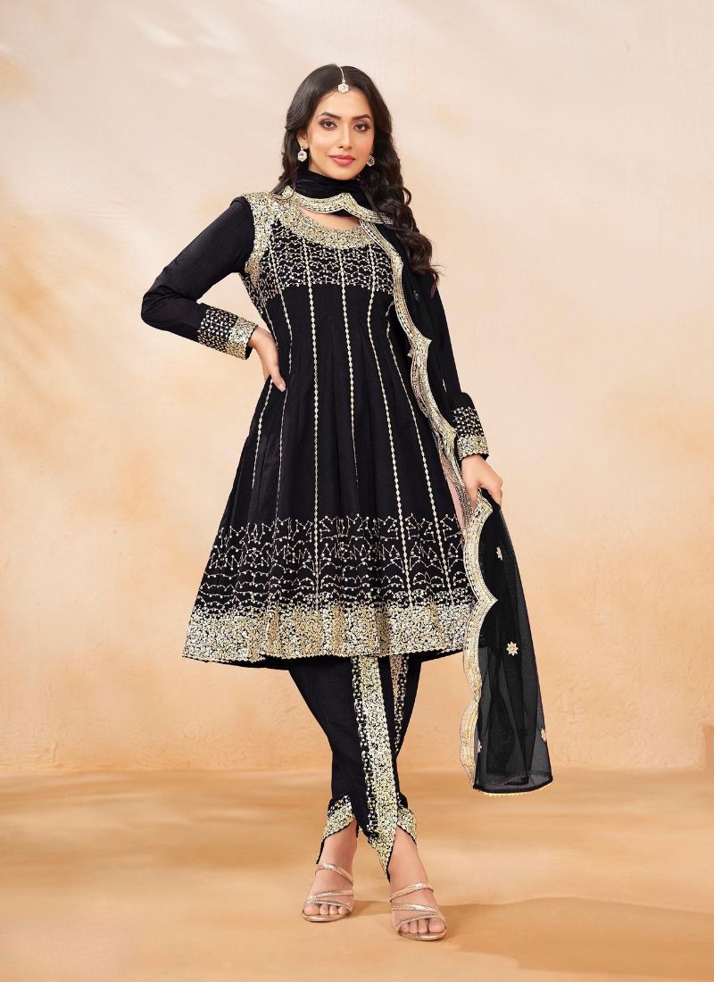 Stunning embroidered silk salwar suit in black