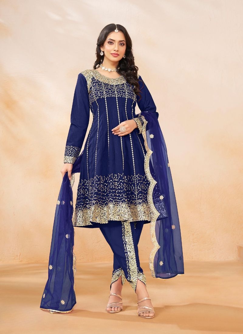 Stunning embroidered silk salwar suit in dark blue