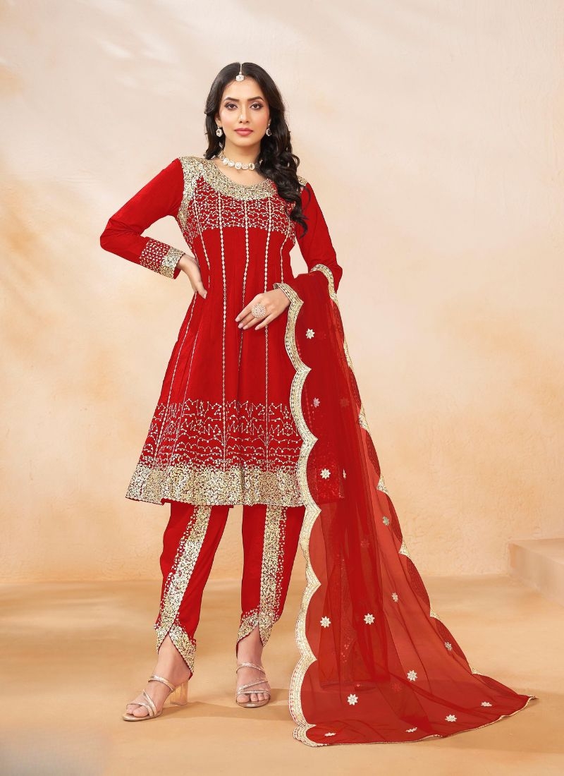 Stunning embroidered silk salwar suit in red