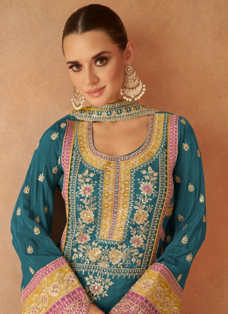 Beautiful embroidered real Chinon palazzo suit in blue