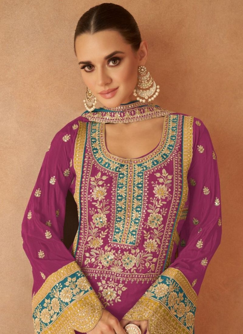 Beautiful embroidered real Chinon palazzo suit in pink